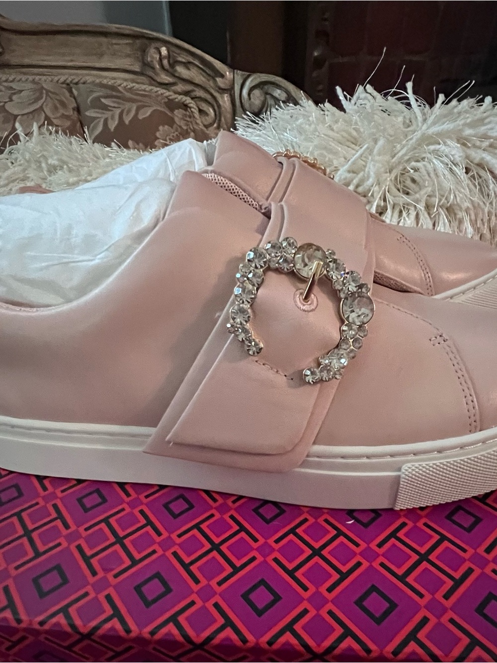 Tory Burch Blush Pink Crystal Buckle Slip-On Sneakers